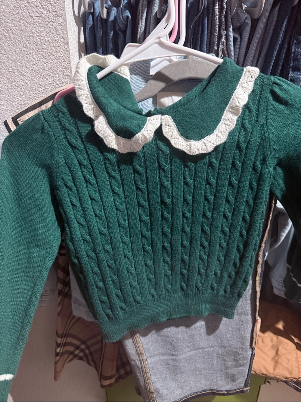 Janie and Jack Emerald Green Cable Knit Sweater with Cream Lace Collar
